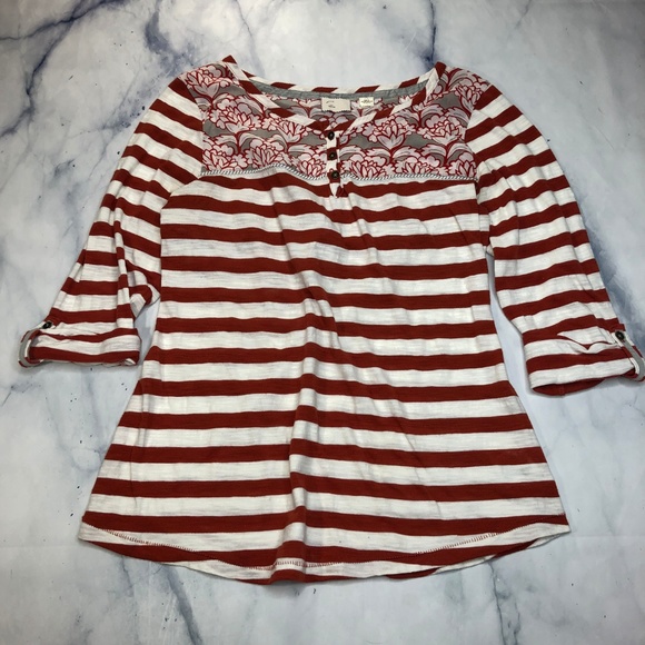 Anthropologie Postmark Red Floral Striped Henley - Picture 4 of 8
